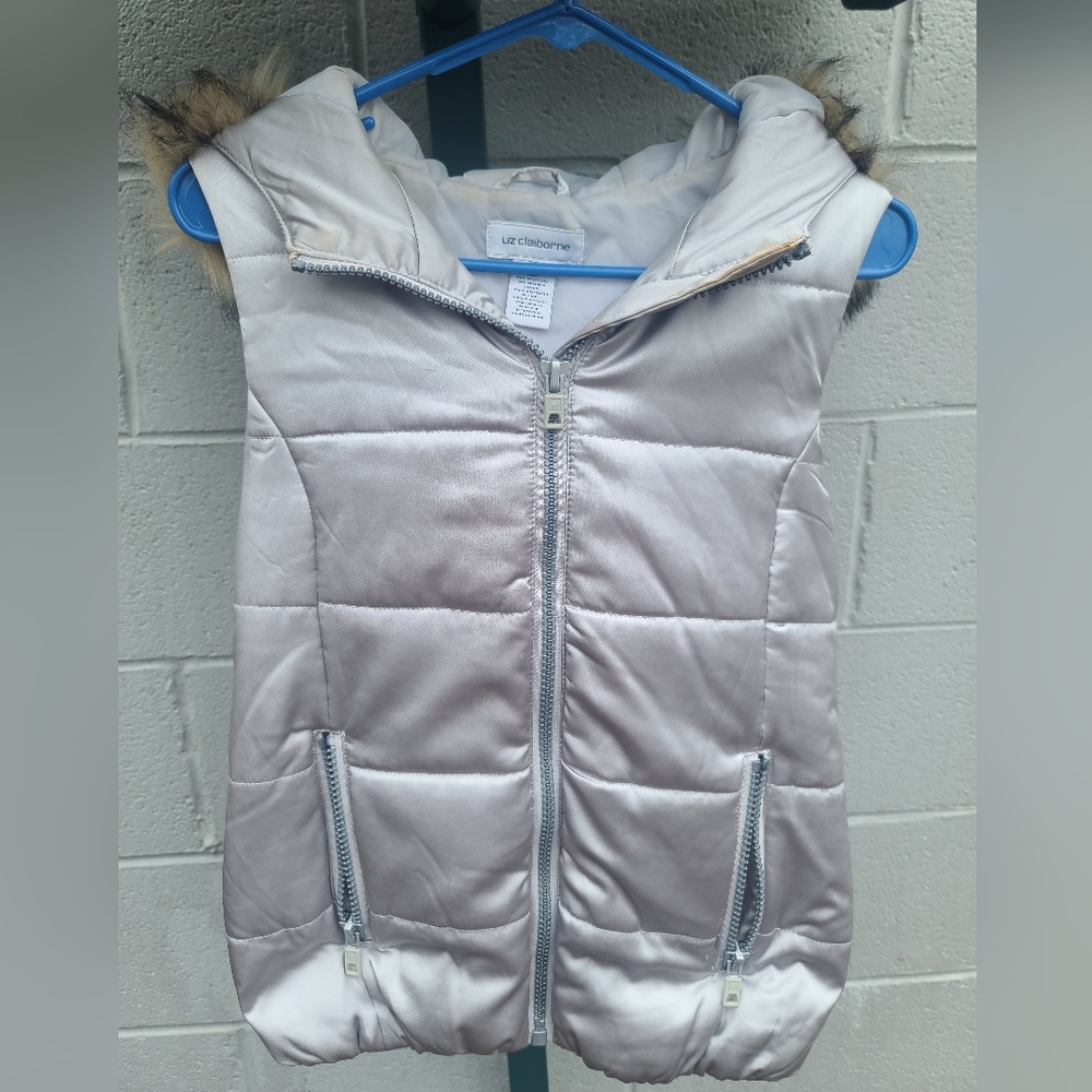 Liz Claiborne Silky Hooded Puffy Vest with Fauz Fur